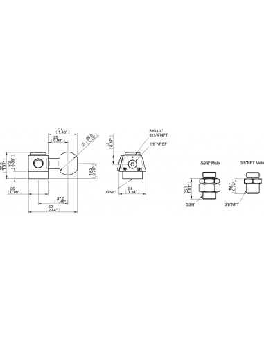 0210548 Suction cup holder - Ball joint - LH/RH 3/8NPT M - 1/4NPT F - 1/8NPSF